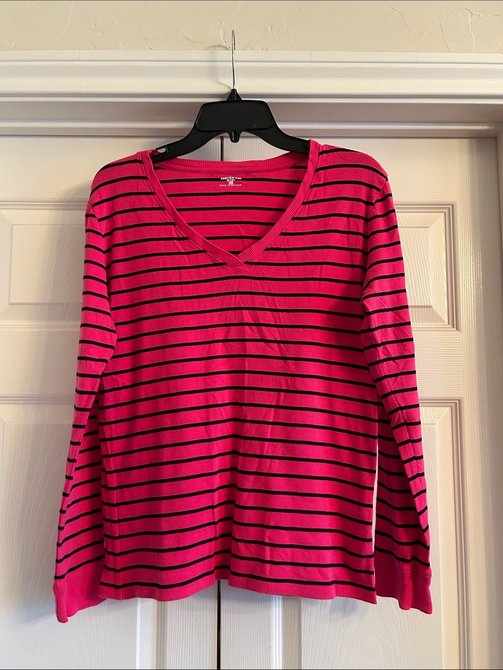 Jones New York Bright Pink & Black Striped V-Neck Long Sleeved Shirt